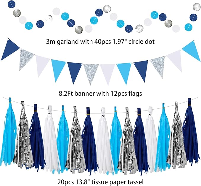 Navy-Blue White Silver Graduation Party-Decorations 33pcs Kits Banner, Paper - Image 5