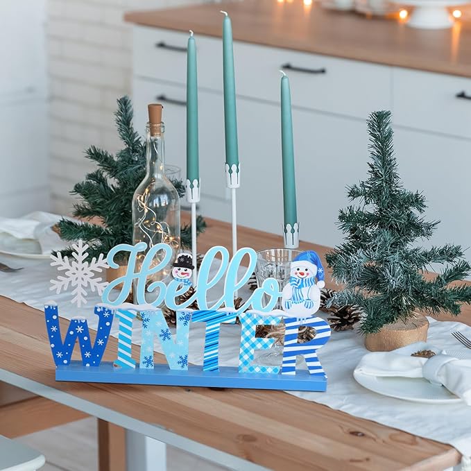 Winter Metal Sign Hello Winter Table Decor Christmas Tiered Tray Decor - Image 5