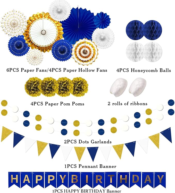 Navy Blue and Gold Happy Birthday Party Decoration 24Pcs Hanging Paper Fans - Image 2