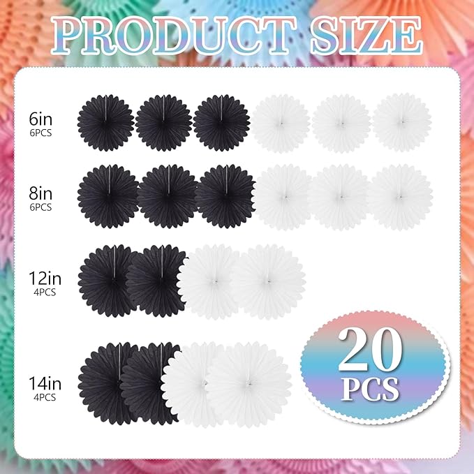 20 Pcs Black White Hanging Paper Fan, Round Paper Fans Decorations Set - Image 2