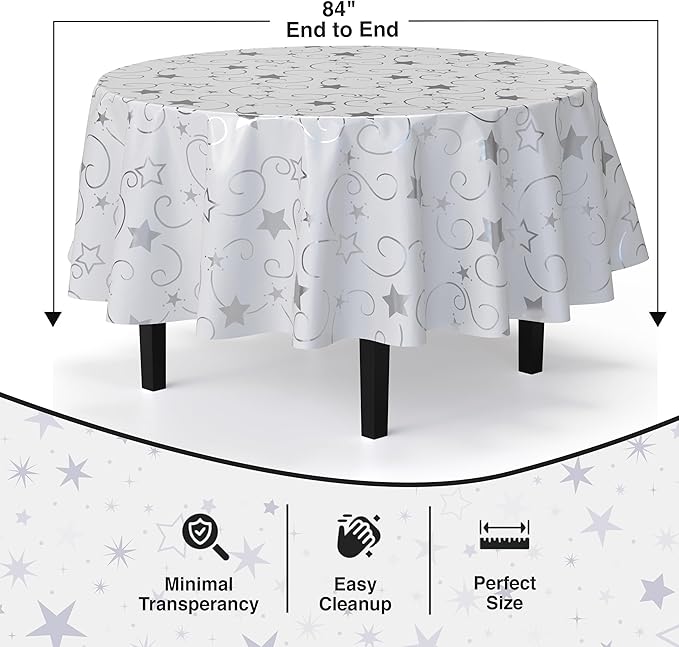 Exquisite Silver Star Tablecloth Plastic 12-Pack Disposable Round Tablecloths - Image 3