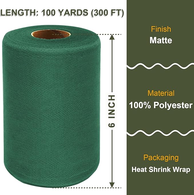 Hunter Green Tulle Fabric Roll 6 Inch X 300 FT Matte Tulle Ribbon Netting Mesh - Image 2