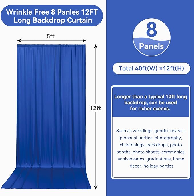 40ftx12ft Wrinkle Free Royal Blue Backdrop Curtain, 8 Panels 12FT Height Royal - Image 5