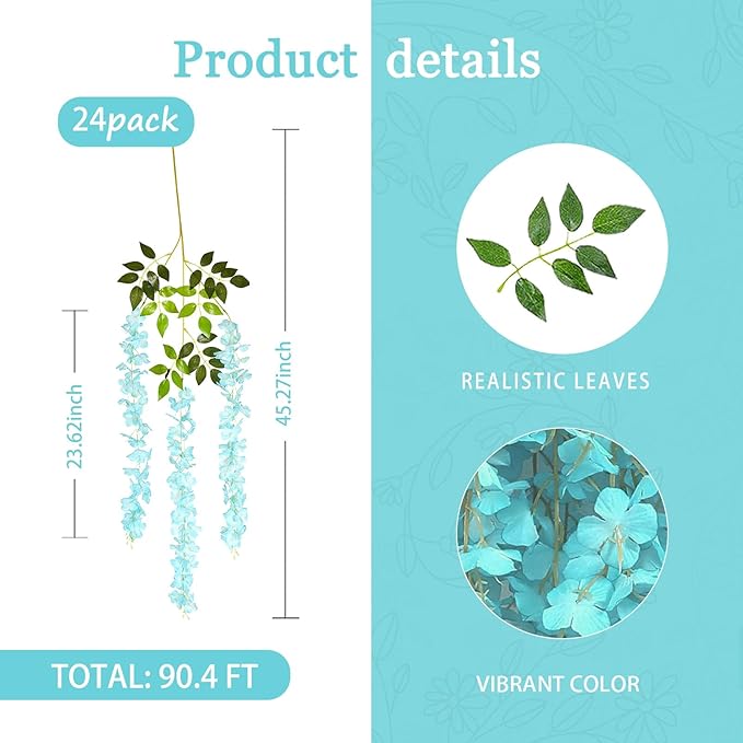 24 Pack Teal Wisteria Hanging Flowers Garland, 3.77 Feet Artificial Flower Vines - Image 2
