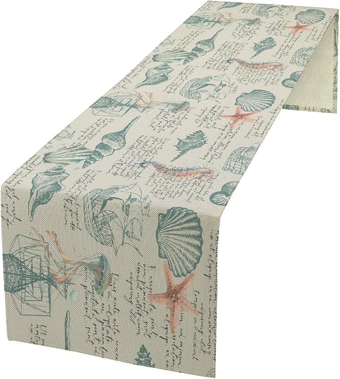 Starfish Table Runner, Seashells Beach Coastal Nautical Sailboat Jellyfish by Kurtect