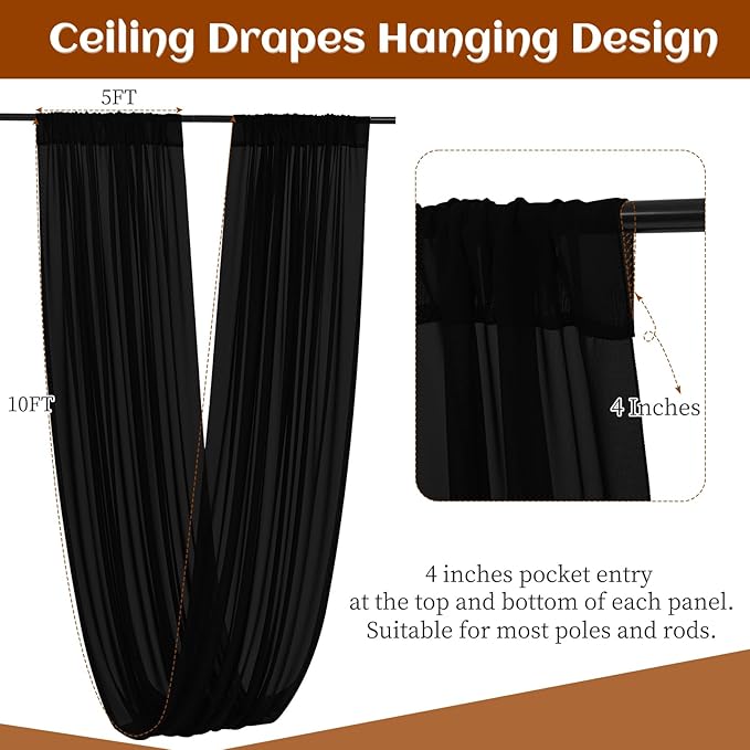 6 Panels Black Ceiling Drapes 5ftx10ft Wedding Chiffon Fabric Arch Draping - Image 3