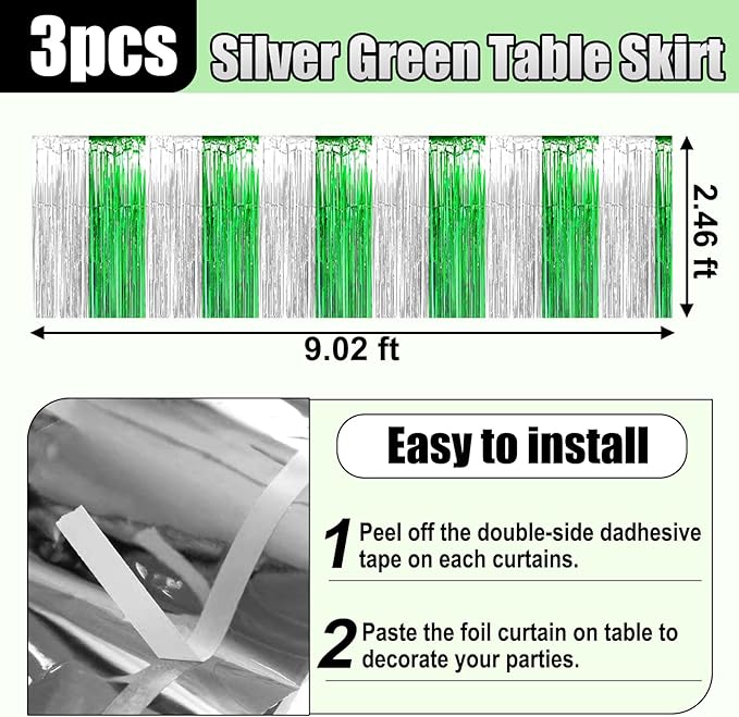 3 Pack 29x108 Inch Silver Green Foil Fringe Table Skirts Metallic Banner - Image 2