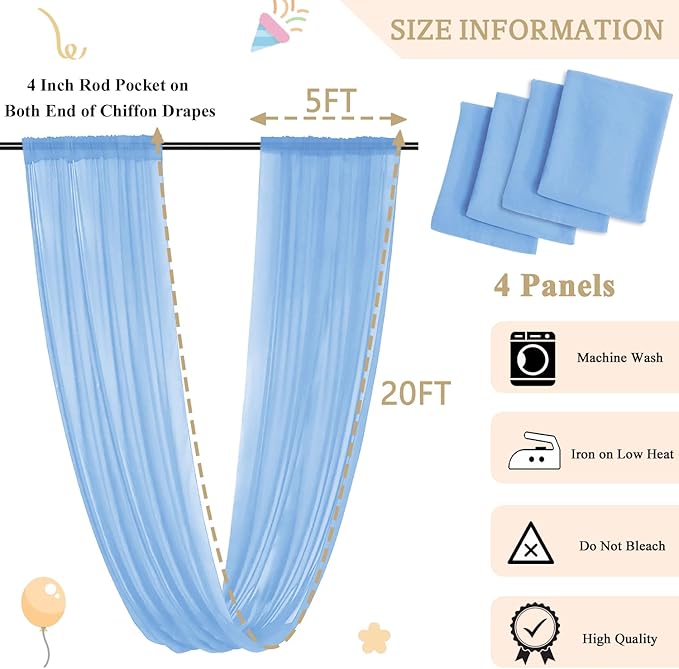 MODFUNS Light Blue Ceiling Drape 5x20ft 4 Panels Chiffon Ceiling Draping Fabric - Image 3