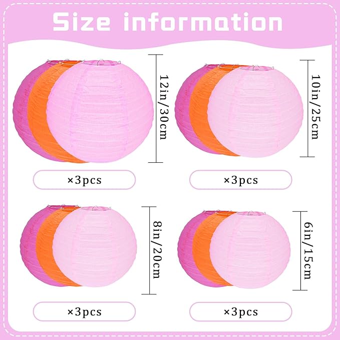 12Pcs Round Paper Lanterns Assorted Sizes - Image 2