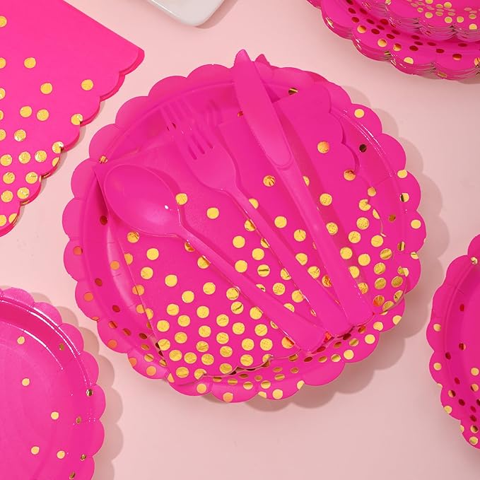 175Pcs Pink Party Supplies, Hot Pink Paper Plates and Napkins Include Scalloped - Image 4
