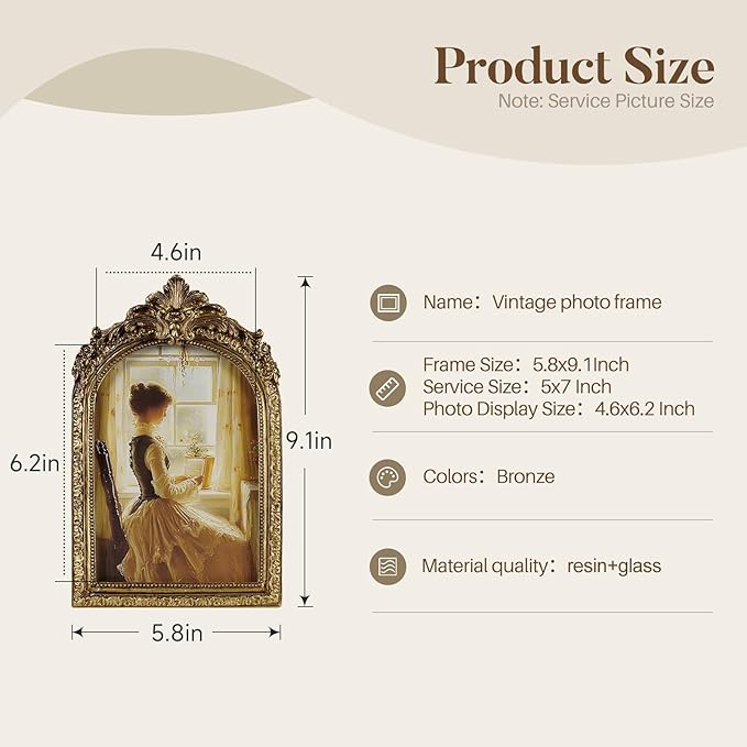 Cuspin 5x7 Gold Picture Frame, Vintage Gold Ornate Resin Photo Frame - Image 5
