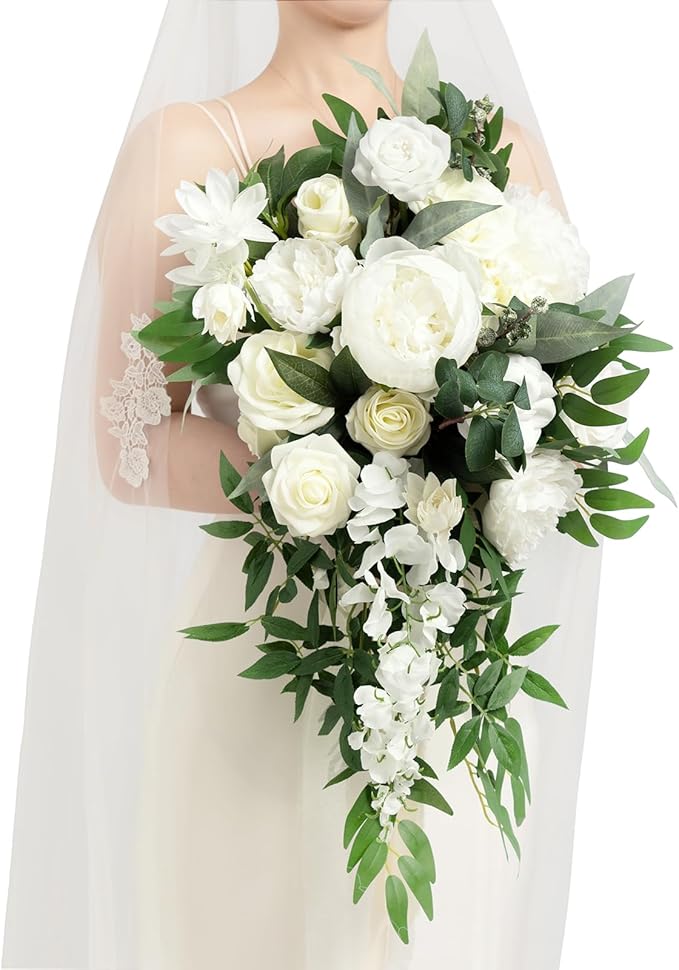 Ling's Moment White Bridal Bouquet Cascading, Ivory Wedding Bouquets by LingsMoment