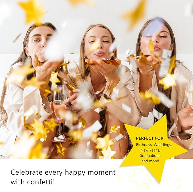 6 Pack Gold Silver Star Confetti Poppers, 12 Inch Confetti Cannon Party Poppers - Image 7