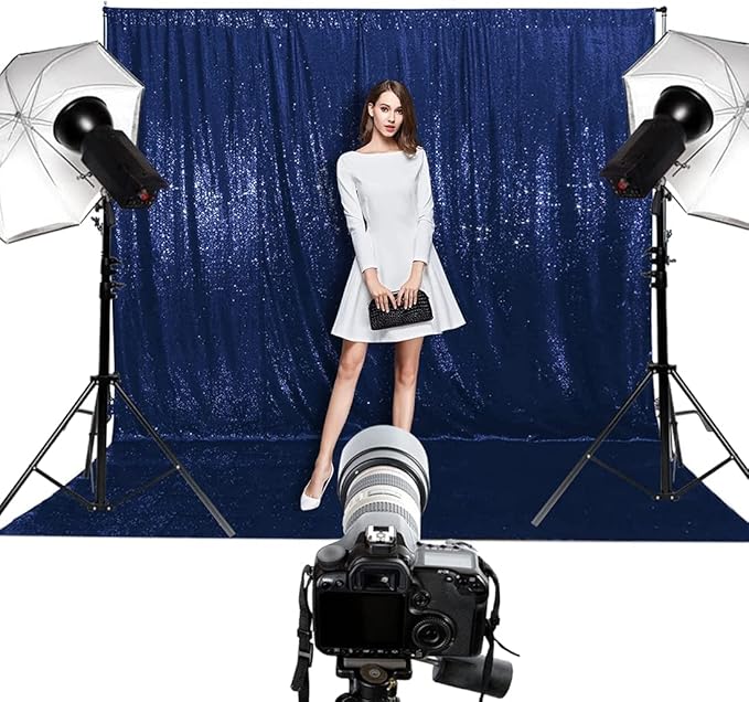 Poise3EHome 6Ft x 8Ft Navy Blue Sequin Backdrop Curtain, Glitter Thick Satin by Poise3EHome