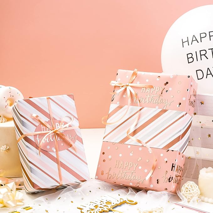 LeZakaa Reversible Pink Birthday Wrapping Paper Roll - Image 4