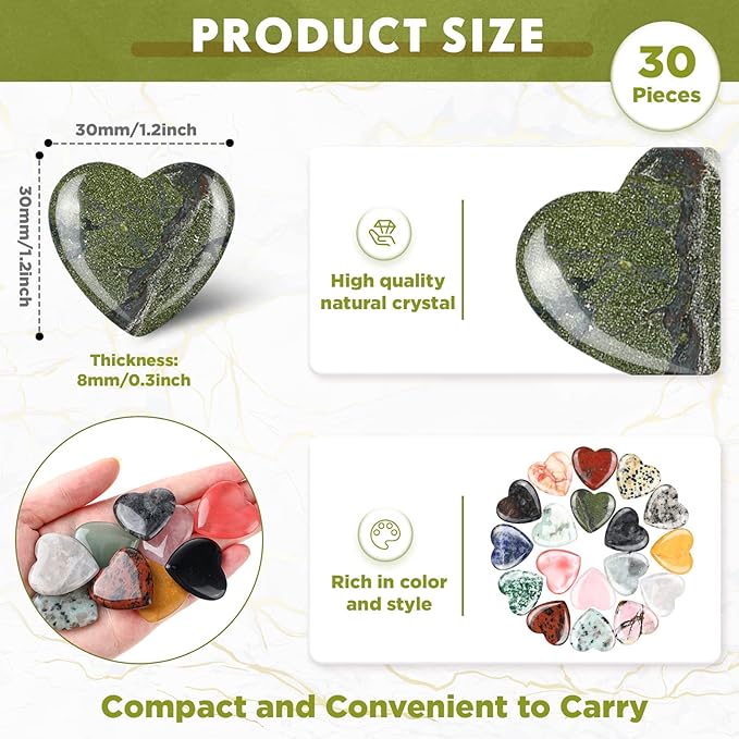 Nuenen 30 Pcs Heart Shape Crystals Bulk 1.2 Inch Gemstone Heart Worry Stone - Image 2
