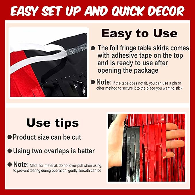3 Pack Black and Red Foil Fringe Table Skirts Metallic Tinsel Streamers Garland - Image 3