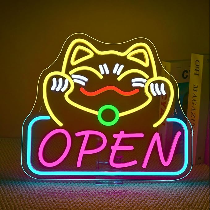 Ineonlife Lucky Cat Open Neon Sign Cute Cat Neon Signs by ineonlife