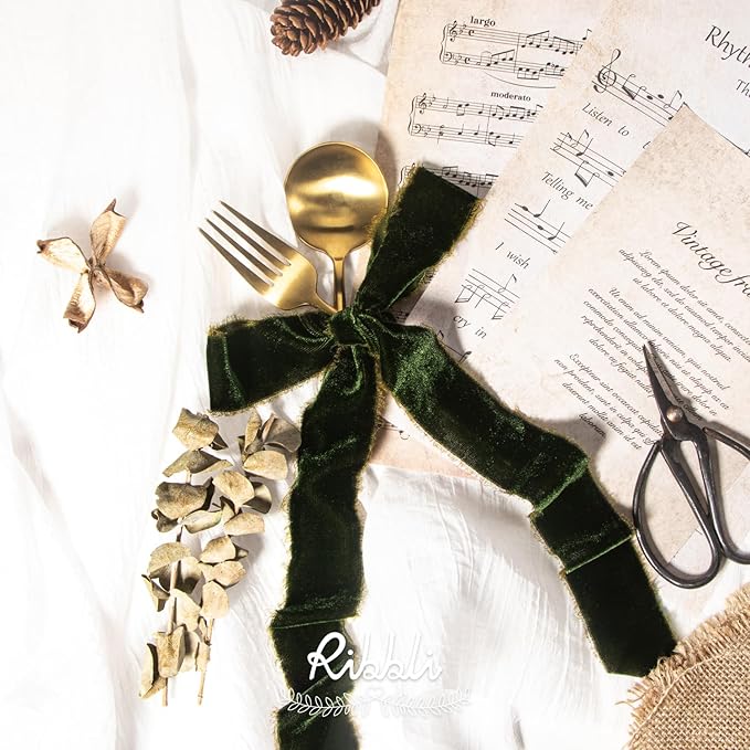 Ribbli Dark Moss Velvet Ribbon 1.5 Inch Handmade Frayed Vintage Christmas Ribbon - Image 3