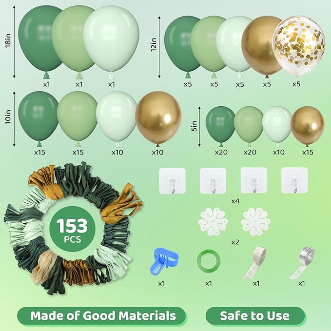 Amandir 153pcs Sage Green Balloon Garland Arch Kit, Different Sizes 18 12 10 5 - Image 2