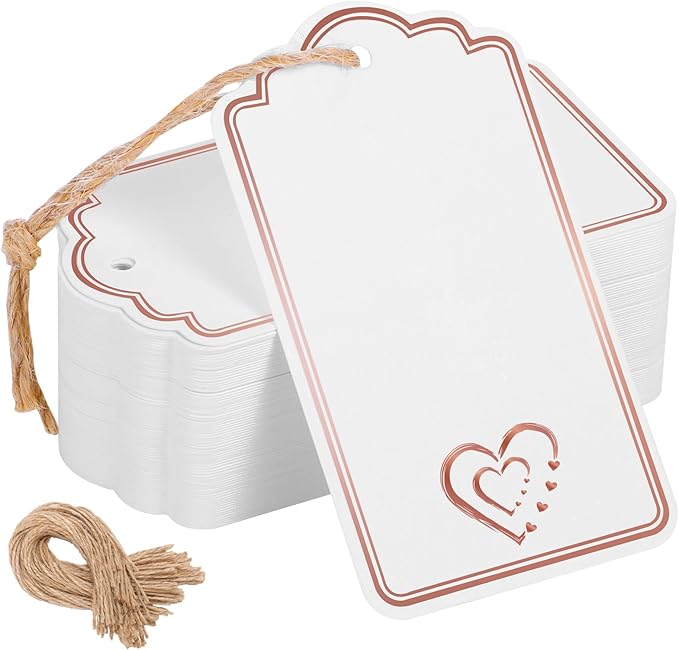 120 PCS Gift Tags with String Attached Foil Rose Gold Heart Paper Tags Writable by woric