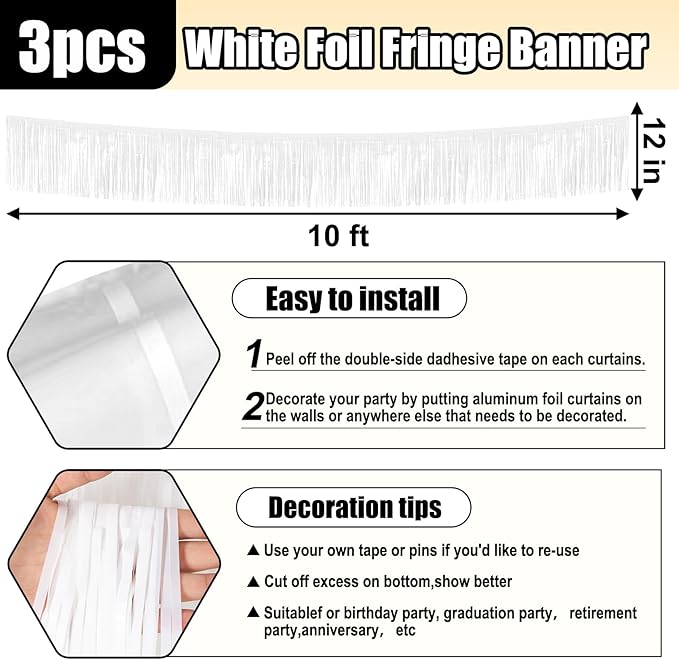 3 Pack 10 Feet White Foil Fringe Garland Metallic Tinsel Streamers Banner Wall - Image 2