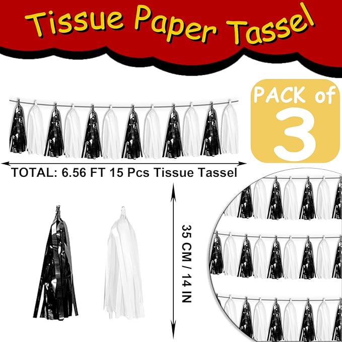 3P Black White Foil Fringe Tassel Banner Metallic Tinsel Streamer Garland Wall - Image 2