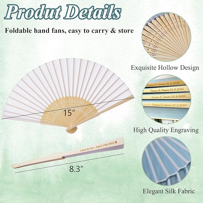 Personalized Engraved Silk Fans Folding Hand Fans 15 Pcs, Light Blue Summer - Image 5
