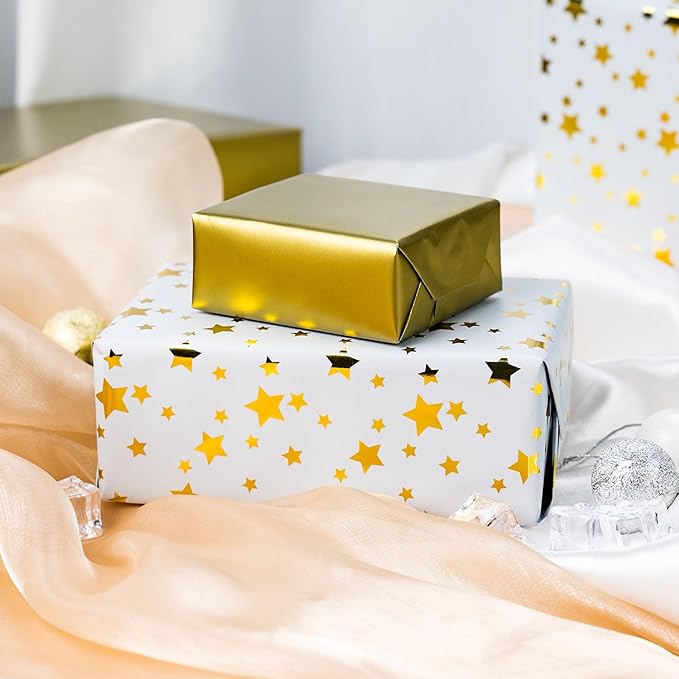 Burymento Gold Foil Five-Pointed Star Wrapping Paper, Reversible Gold Gift Wrap - Image 6