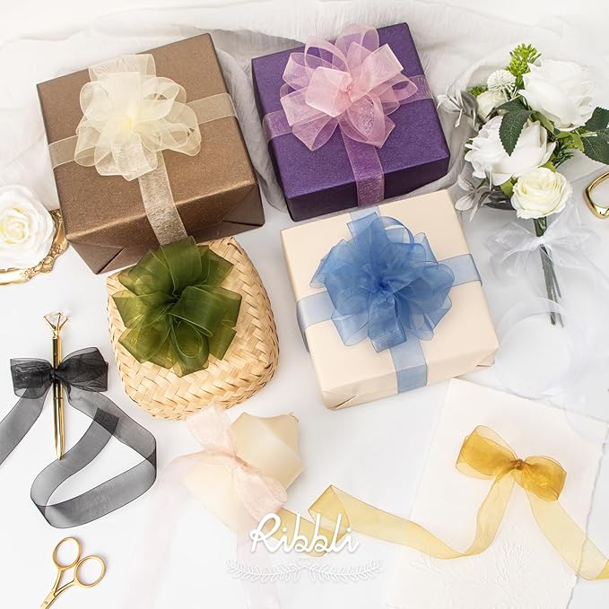 Ribbli 8 Rolls Organza Ribbon 1 Inches Total 80 Yard White Ivory Champagne Gold - Image 3