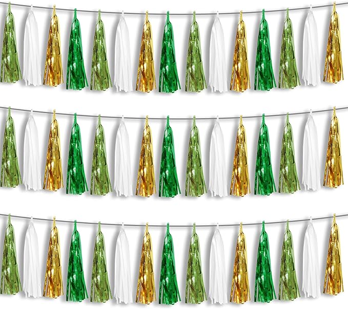 3P Sage-Green Beige-Mint Gold Foil Fringe Metallic Tassel Garland Banner by HYSILLA