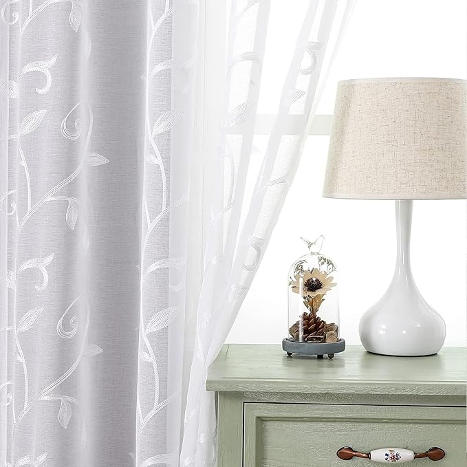 VISIONTEX Sheer Voile Curtains, Decorative White Leaves Embroidery Faux Linen - Image 2