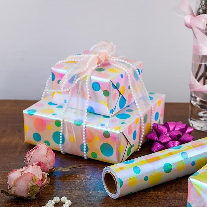 Burymento Holographic Pink Dot Gift Wrapping Paper - Image 3