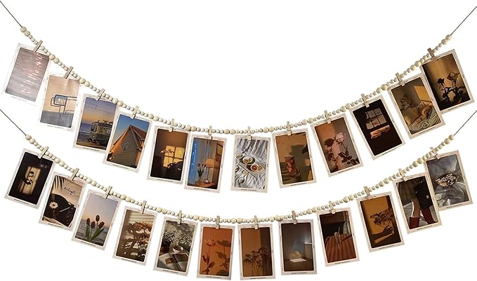Hanging Photo Display With 12 Clips, Wooden Bead Garland 2PCS, Boho Style by JiTiMi