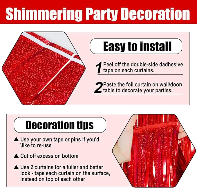 6 Pack Red Foil Fringe Curtain Backdrop, 3.28Ft x 8.2Ft Metallic Tinsel Foil - Image 3