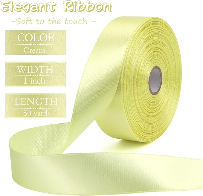 Cream Solid Satin Ribbon 1 Inch 50 Yards Solid Polyester Fabric Ribbon - Image 2