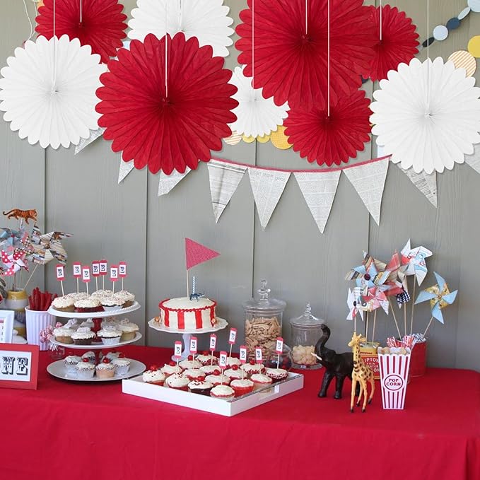 20 Pcs Red White Hanging Paper Fan, Round Paper Fans Decorations Set - Image 5
