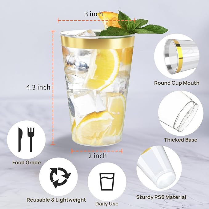 12OZ Plastic Cups with Gold Rimmed Sturdy & Food Safe Disposable Wine Glasses - Image 4