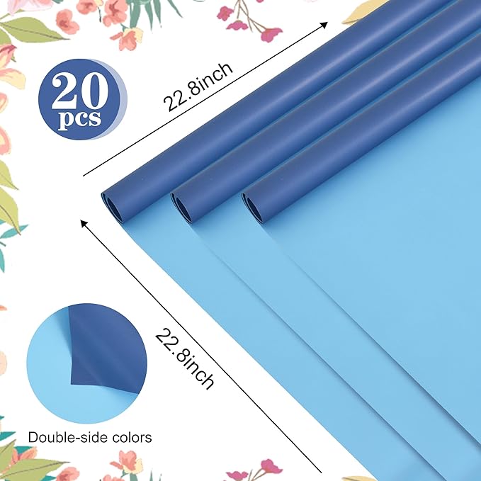 BEISHIDA 20Pcs Royal Blue and Sky Blue Double Sided Floral Wrapping Paper Matte - Image 2