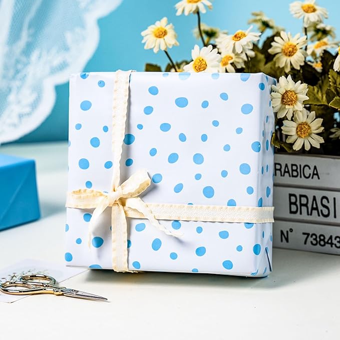 Burymento Blue Lrregular Wave Point Wrapping Paper, Reversible Gold Gift Wrap - Image 7