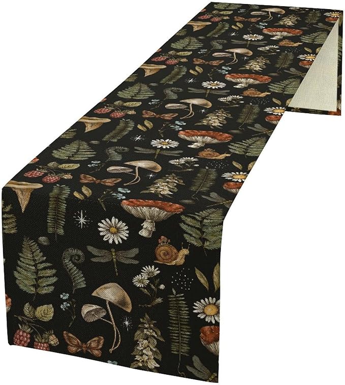 Mushroom Table Runner, Retro Forest Plant Table Runner by Unknown
