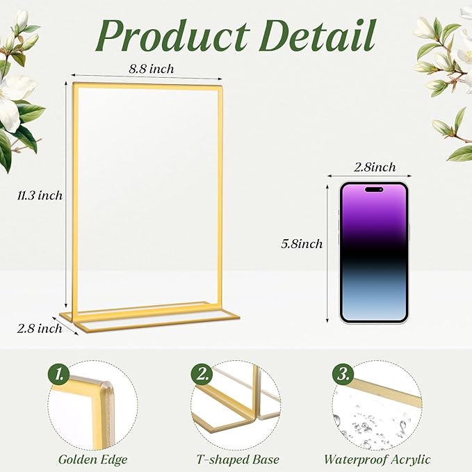 8 Pack Gold Acrylic Sign Holders 8.5x11 Inch, Double Sided Vertical Stand Clear - Image 3