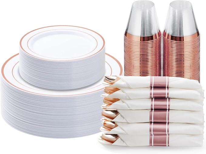 BESTVIP 175PCS Rose Gold Plastic Dinnerware Set, Disposable Party Plates by Bestvip