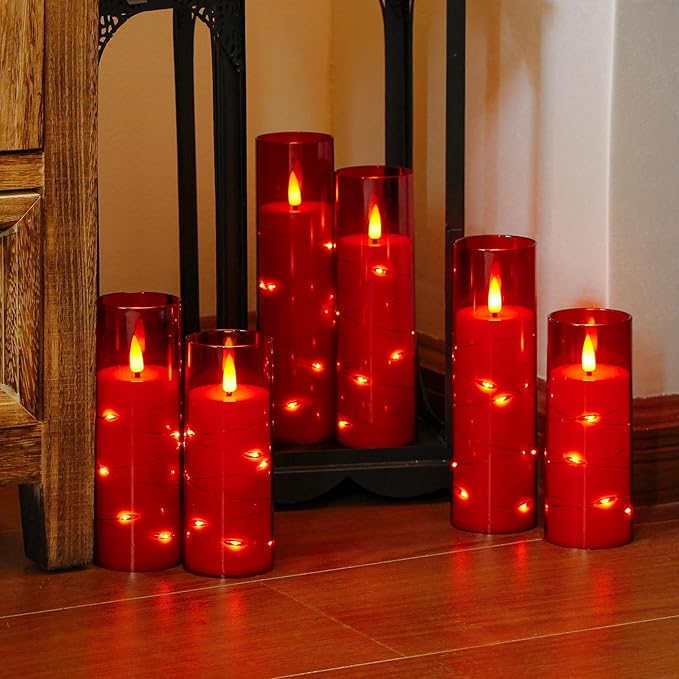 Red Flameless Candles with Remote and String Light, 2.2"x 5" - Image 2