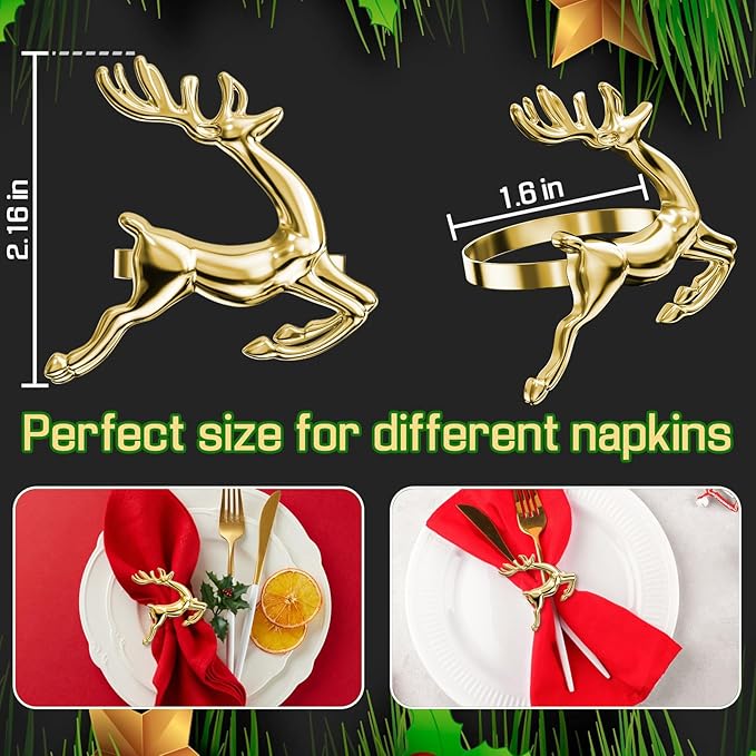 ZeeDix Gold Reindeer Christmas Napkin Rings Set of 12, Napkin Holder Ring - Image 2