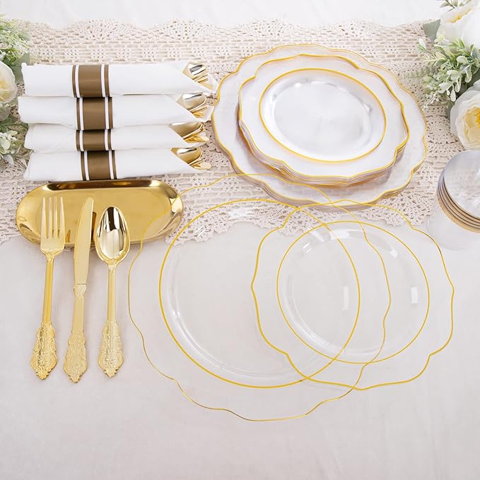 NOCCUR 50Guest Gold Rim Clear Plastic Plates&Disposable Silverware Cups-Include - Image 4