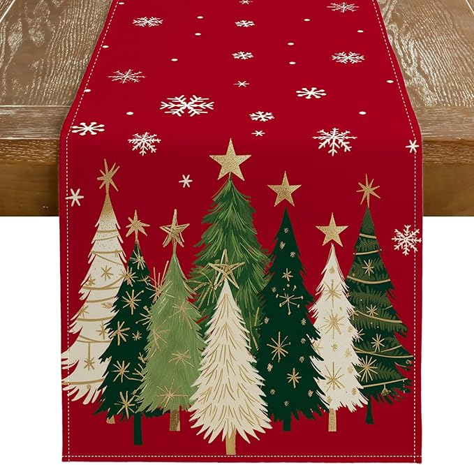 GEEORY Christmas Table Runner 13x48 Inch, Xmas Trees Snowflakes Holiday by GEEORY