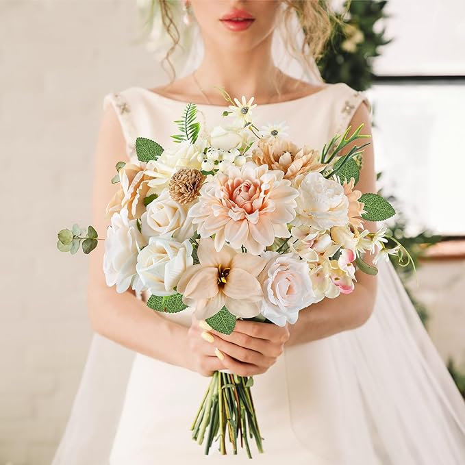 AmyHomie Nude Color Artificial Flowers Combo Silk Mix Peony Rose Fake Flowers - Image 3