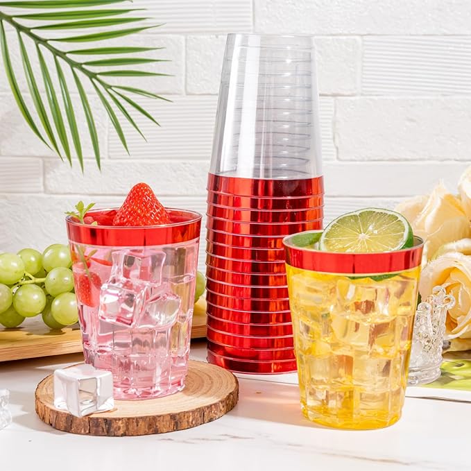 DaYammi 100 Pack Red Plastic Cups 10 Oz Clear Red Rimmed Plastic Cups - Image 3