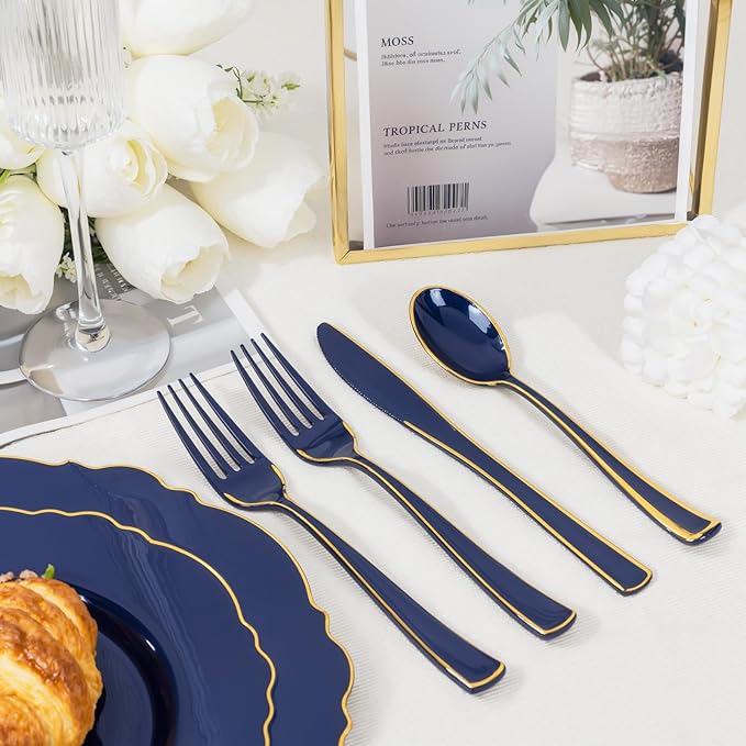 WDF 180PCS Blue Plastic Silverware -Blue and Gold Plastic Cutlery 60 Forks - Image 2